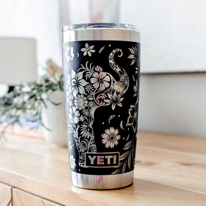 "Floral Elephant" 360° Laser Engraved Tumbler - Bohemian Style Gift for Elephant Lovers & Nature Enthusiasts - Authentic YETI