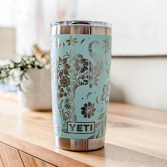 "Floral Elephant" 360° Laser Engraved Tumbler - Bohemian Style Gift for Elephant Lovers & Nature Enthusiasts - Authentic YETI