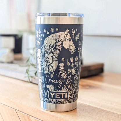 "Floral Horse" 360 Laser Engraved Tumbler - Premium Gift for Horse Lovers, Equestrians & Barn Managers - Authentic YETI