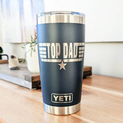"TOP DAD" Top Gun Inspired 360 Laser Engraved Tumbler - Maverick Style Father's Day Gift for Dads - Authentic YETI