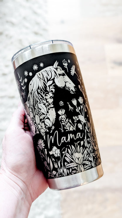 "Floral Horse" 360 Laser Engraved Tumbler - Premium Gift for Horse Lovers, Equestrians & Barn Managers - Authentic YETI
