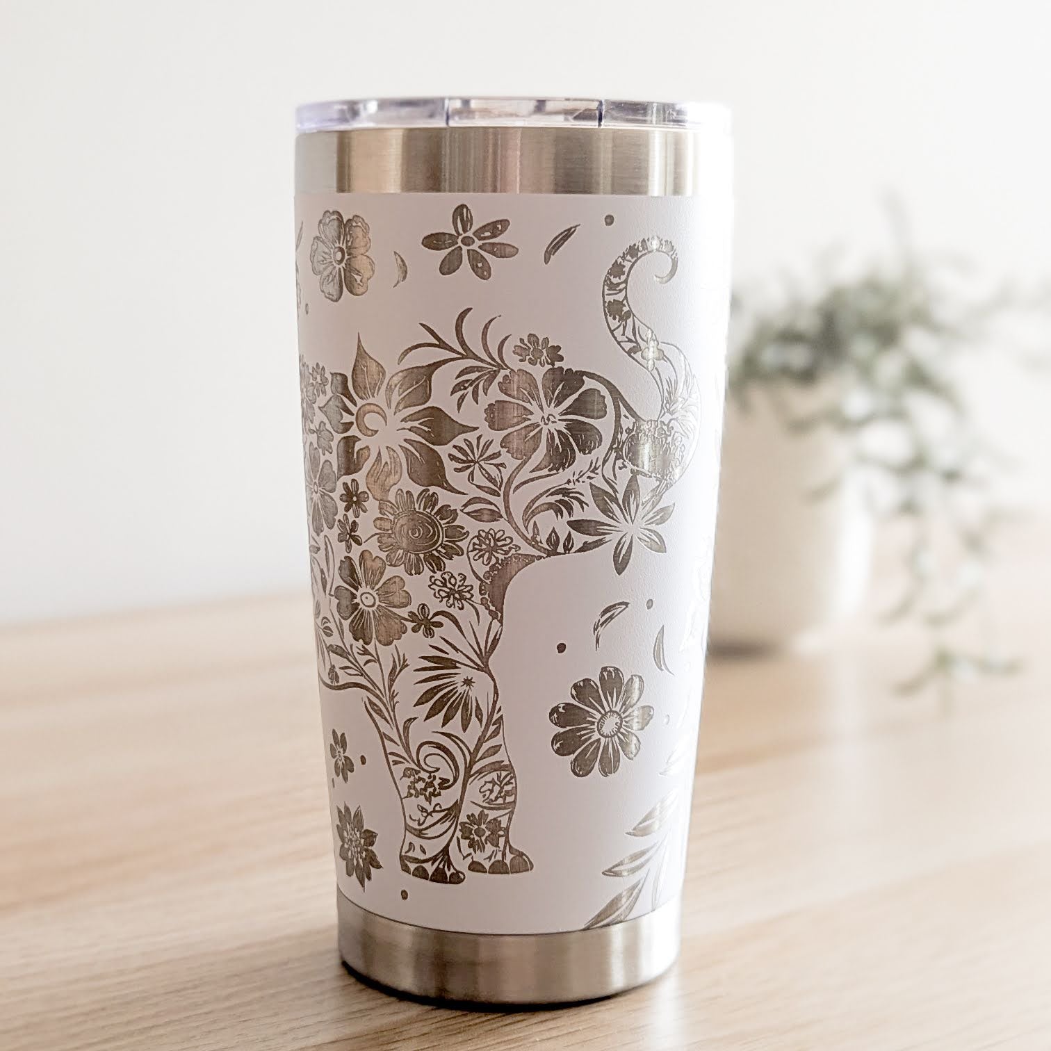 Floral Elephant Laser Engraved Tumbler — White with Personalization Example