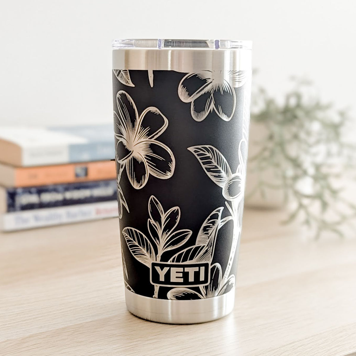 Plumeria Laser Engraved Tumbler - Black