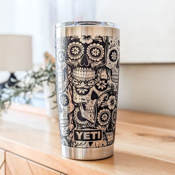  Intricate Sugar Skulls 360 Laser Engraved Tumbler - Gothic Día de los Muertos Gift